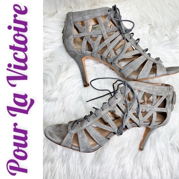 POUR LA VICTOIRE CHARLIZE CAGED SUEDE STILETTO BOOTIE LACE UP GRAY, Size 10 - Picture 1 of 12